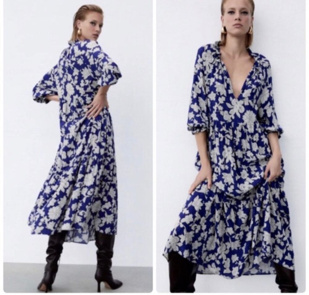 Zara  Blue Floral Smocked Maxi Dress Oversized XS